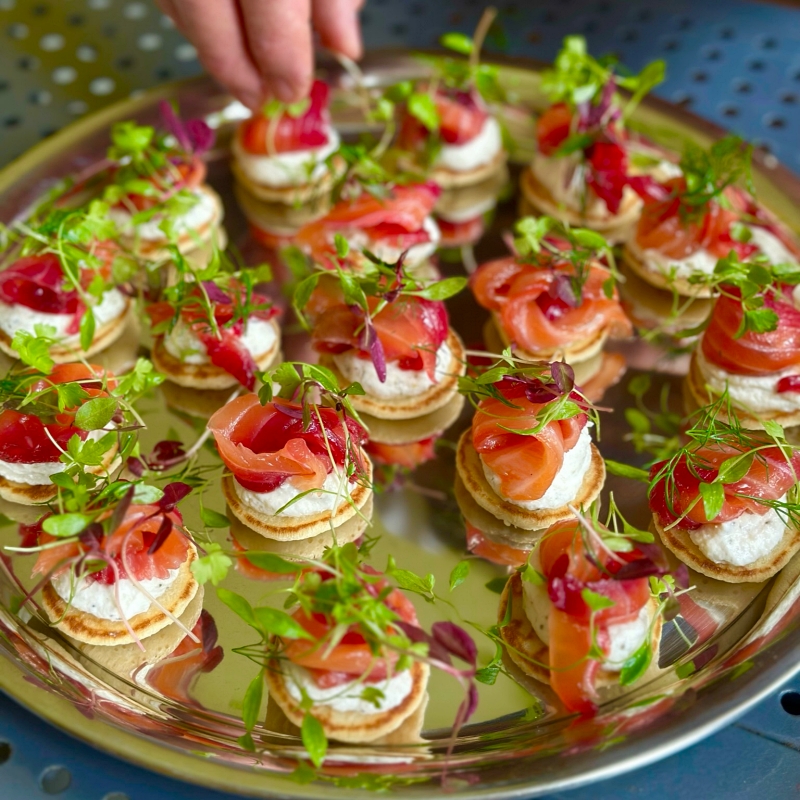 canapés beetroot cured salmon blinis